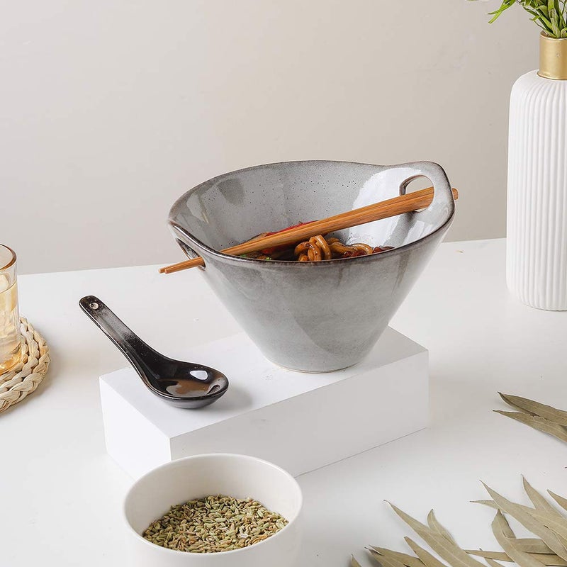 KOOV Porcelain Ramen Bowls and Spoons Set of 2 - Japanese Ramen Noodle Bowl with Chopsticks and Spoons, 26 Ounce Deep Pho Bowl, Reactive Glaze (Variable Grey) - Image 5